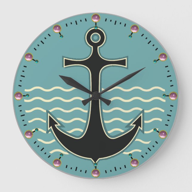 ANCHOR ,SEA WAVES IN NAVY BLUE LARGE CLOCK (Front)