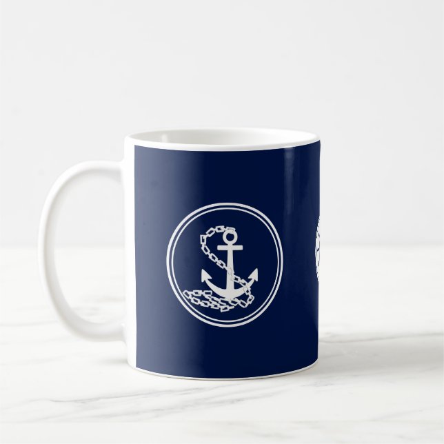 Anchor, Ship's Wheel Blue And White Maritime Style Coffee Mug (Left)