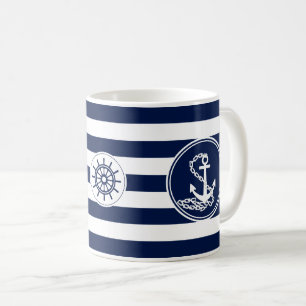 Anchor, Ship's Wheel Blue And White Striped Coffee Mug