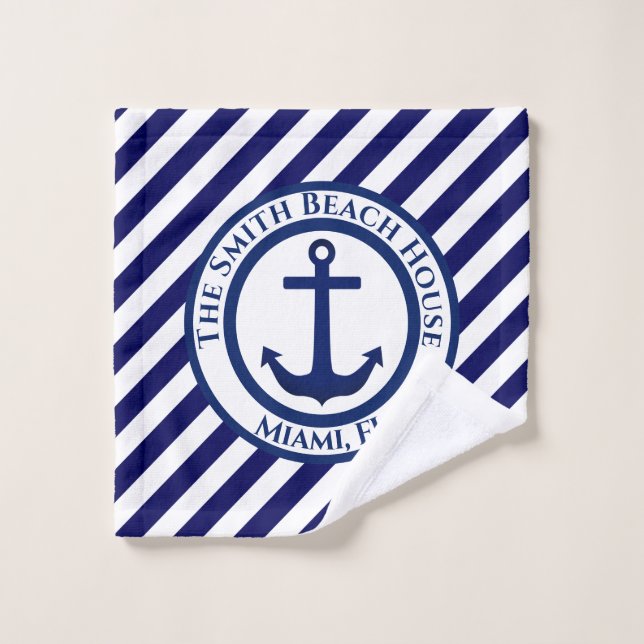 Anchor Stamp and Diagonal Stripes Custom Bath Towel Set (Wash Cloth)