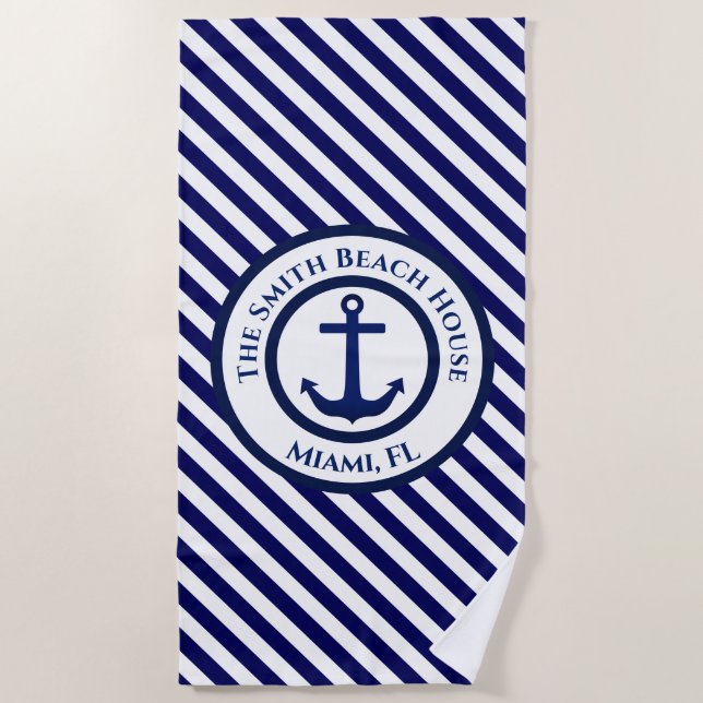 Anchor Stamp and Diagonal Stripes Custom Beach Towel (Front)