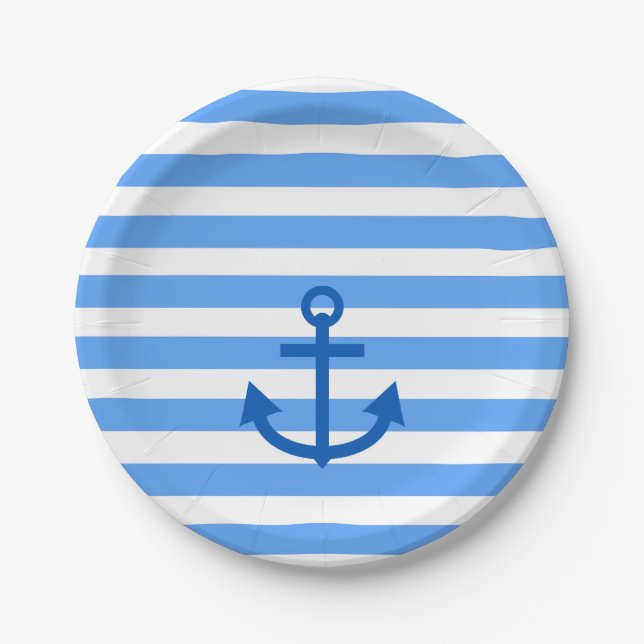 Anchor Stripes Blue & White  Paper Plate (Front)