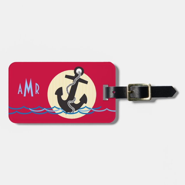 Anchor, Sun and Water Monogrammed Luggage Tag (Front Horizontal)