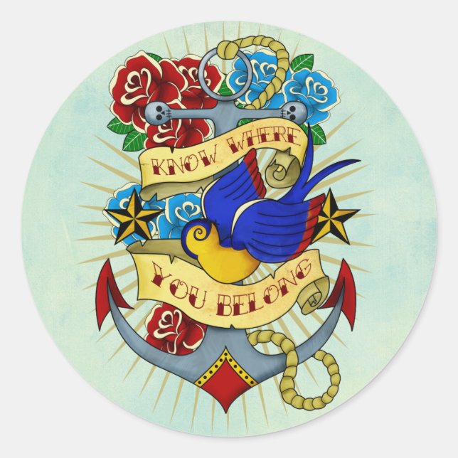 Anchor, Swallow and Roses Classic Round Sticker (Front)