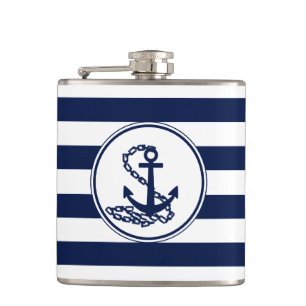 Anchor Symbol Blue And White Stripes Sailor Style Hip Flask