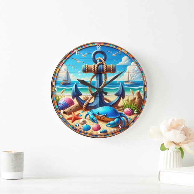 Anchor-Themed Beach Coastal Design Elements Large Clock (Home)
