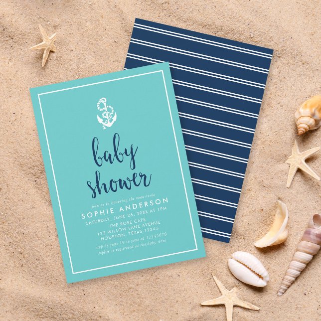 Anchor Turquoise and Blue Script Baby Shower Invitation (Creator Uploaded)