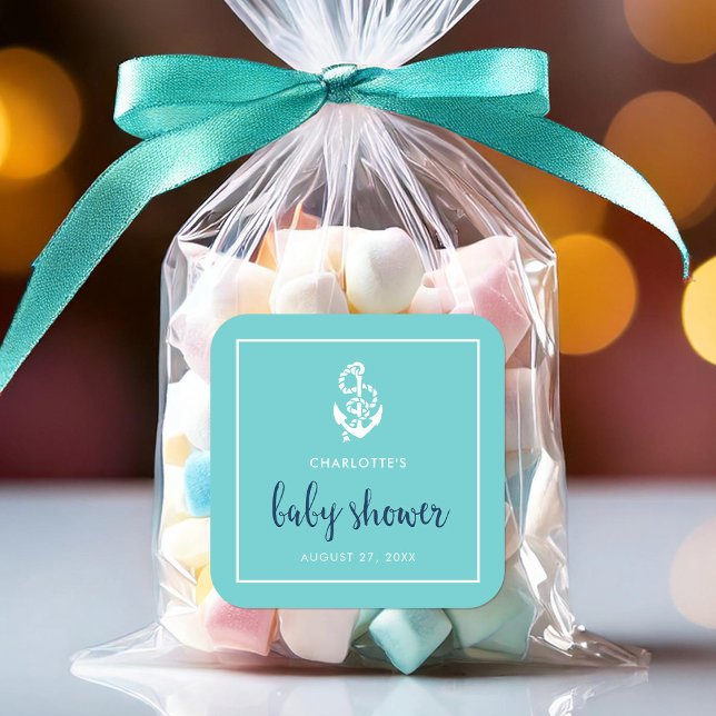 Anchor Turquoise and Blue Script Baby Shower Square Sticker (Creator Uploaded)
