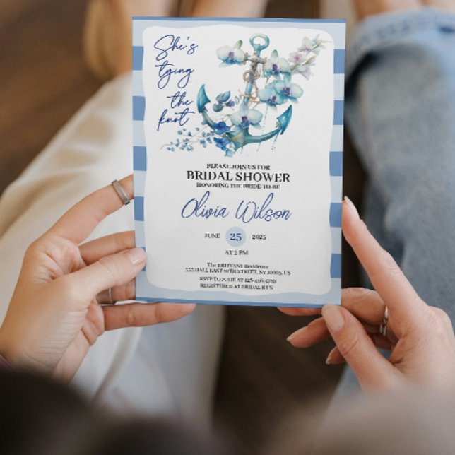 Anchor Tying the Knot Nautical Bridal Shower  Invitation (chic Anchor Floral Roses Tying the Knot Nautical Bridal Shower Blue and White Stripe Sailboat invite)