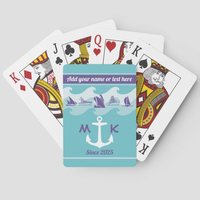 Anchor Waves Nautical Ship Boat Yacht Monogram Playing Cards (Back)