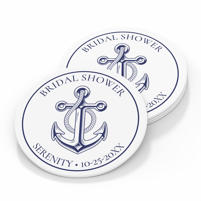 Anchor Wedding Navy Blue Nautical Bridal Shower Round Paper Coaster (Creator Uploaded)