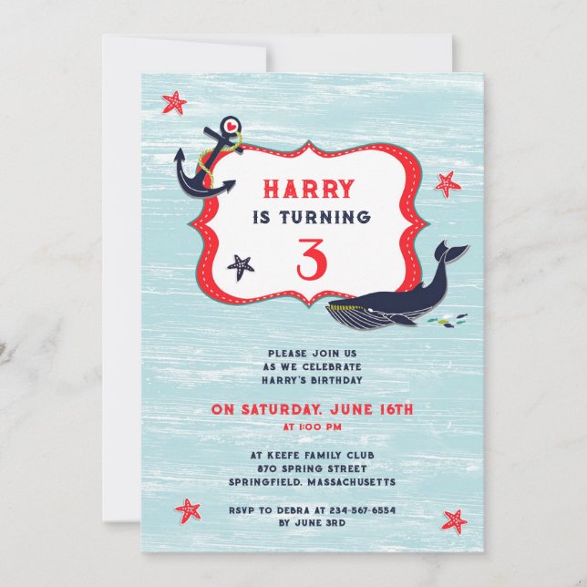 Anchor Whale Birthday Party Flat Invitation (Front)
