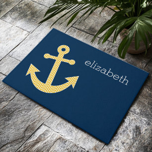 Anchor with Blue and Yellow Chevron Pattern Doormat