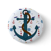 Anchor with blue lighthouse print Pinback Button