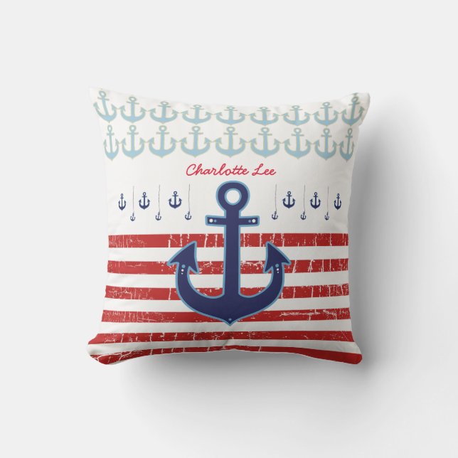 Anchor with red stripes, nautical personalised cushion (Front)