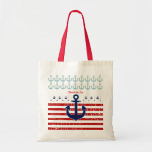 anchor with red stripes, nautical & personalised tote bag