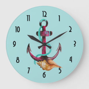 Anchor With Rope And Seashell in Watercolors Large Clock