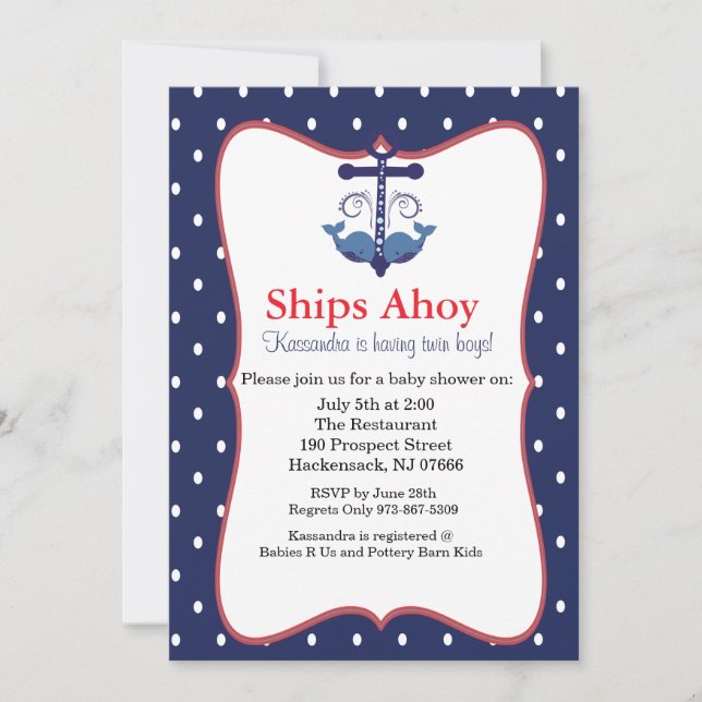Anchor With Whales for Twin Baby Shower Invitation (Front)