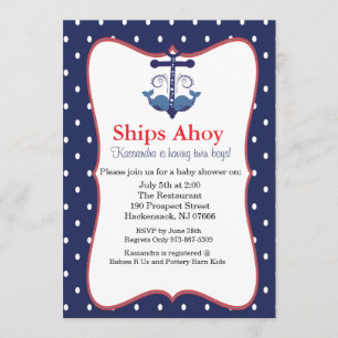 Anchor With Whales for Twin Baby Shower Invitation