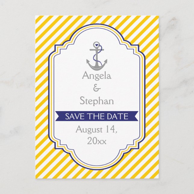 Anchor yellow white nautical wedding Save the Date Announcement Postcard (Front)