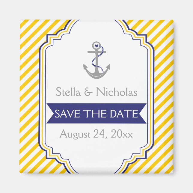 Anchor yellow white nautical wedding Save the Date Magnet (Front)