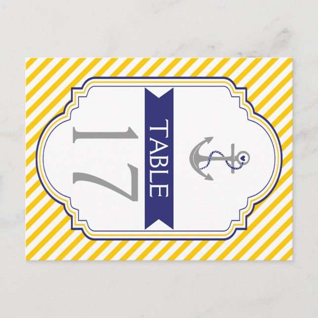 Anchor yellow, white nautical wedding table number postcard (Front)