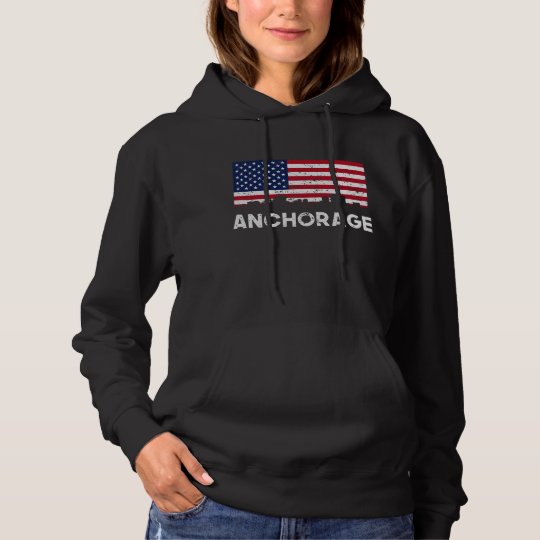 Anchorage AK American Flag Skyline Distressed Hoodie