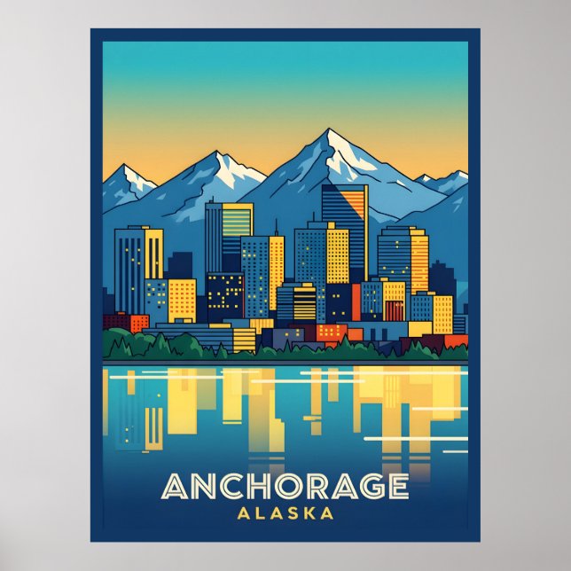 Anchorage Alaska skyline with mountains and water Poster (Front)