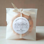 Anchorage Skyline | Wedding Welcome Favour Classic Round Sticker<br><div class="desc">Enhance your wedding welcome packages or event party favours with a custom set of welcome stickers! These elegant yet minimal-style stickers are tailored for a wedding taking place in the beautiful city of Anchorage. They feature a modern deco skyline with the name of the city integrated underneath. All elements of...</div>