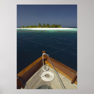 Anchored Boat Approaching Island Poster