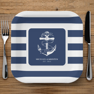 Anchored in Love Nautical Blue Anchor Striped Paper Plate