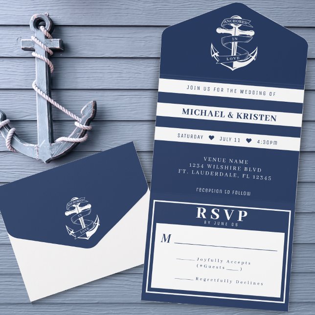 Anchored in Love Nautical Blue Anchor Wedding  All In One Invitation (Anchored in Love Nautical Blue Anchor Wedding All In One Invitation
)