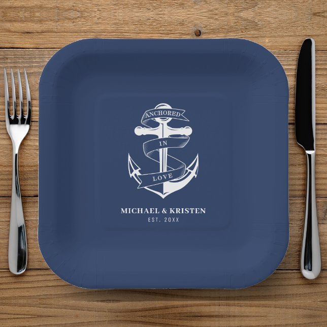 Anchored in Love Nautical Blue Anchor Wedding  Paper Plate (Anchored in Love Nautical Blue Anchor Wedding Paper Plates
)