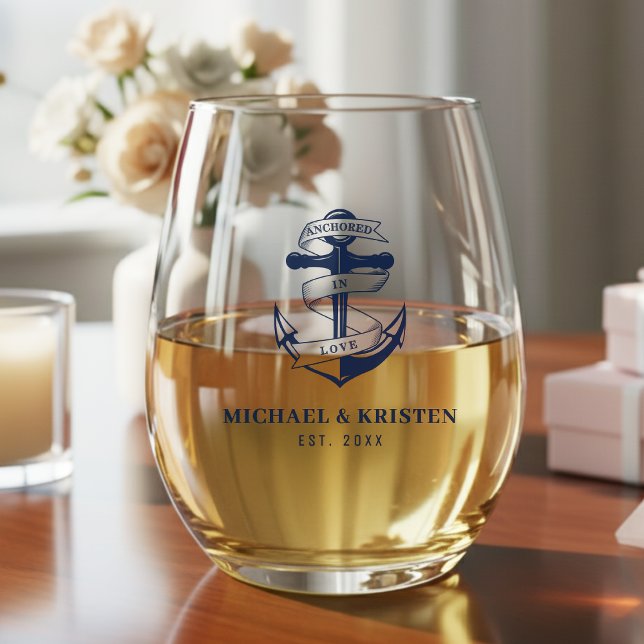 Anchored in Love Nautical Blue Anchor Wedding  Stemless Wine Glass (Anchored in Love Nautical Blue Anchor Wedding Stemless Wine Glass
)