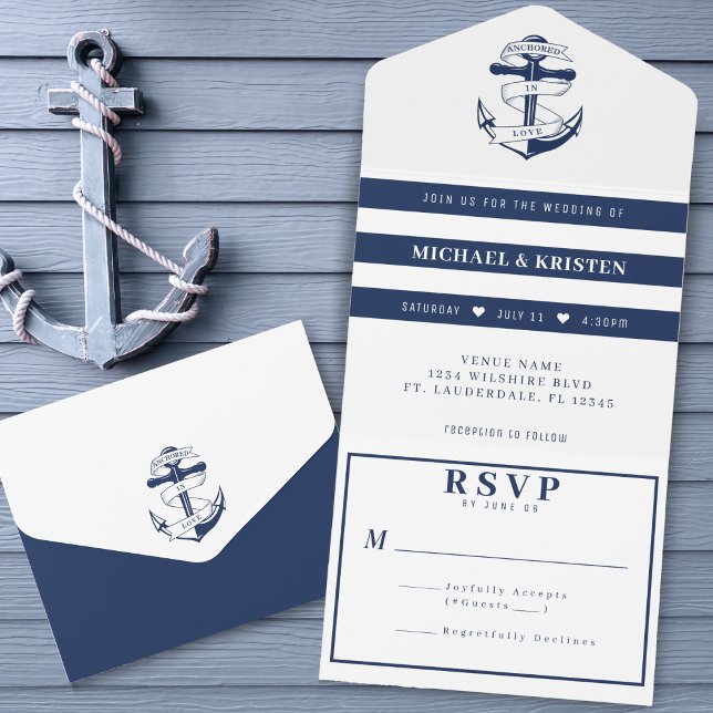 Anchored in Love White & Blue Anchor Wedding  All In One Invitation (Anchored in Love White & Blue Anchor Wedding All In One Invitation
)