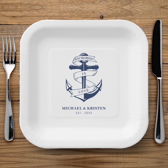 Anchored in Love White Nautical Anchor Wedding  Paper Plate (Anchored in Love Nautical Blue Anchor Wedding Paper Plates
)