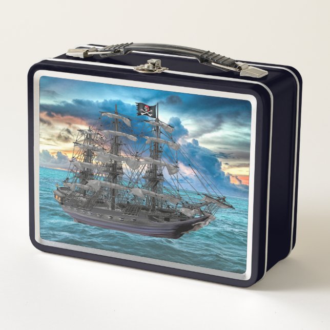 ANCHORED PIRATE SHIP AT SUNSET METAL LUNCH BOX (Front)
