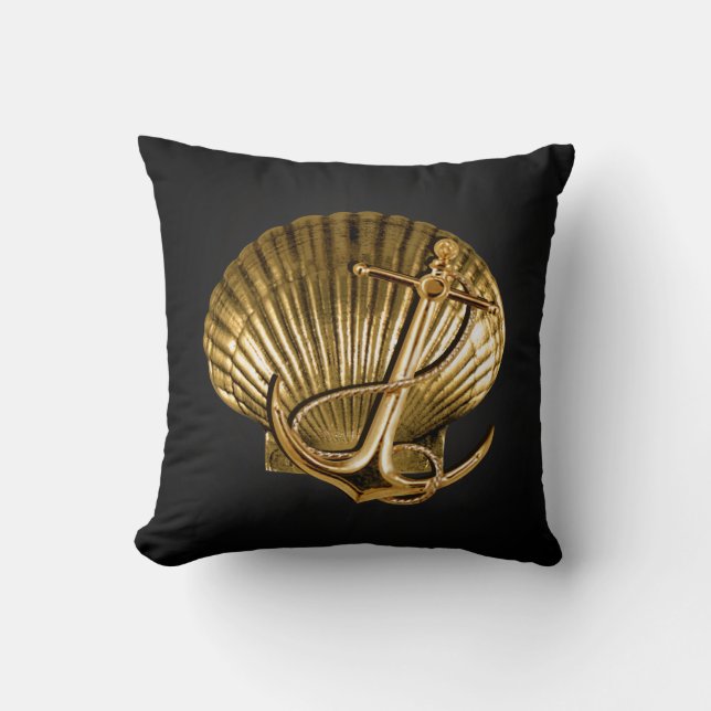 Anchored Seashell Nautical | black & gold Cushion (Front)