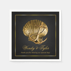 Anchored Seashell Nautical Cocktail   black & gold Napkin