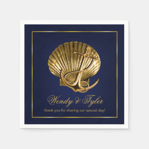 Anchored Seashell Nautical Cocktail Party   navy Napkin