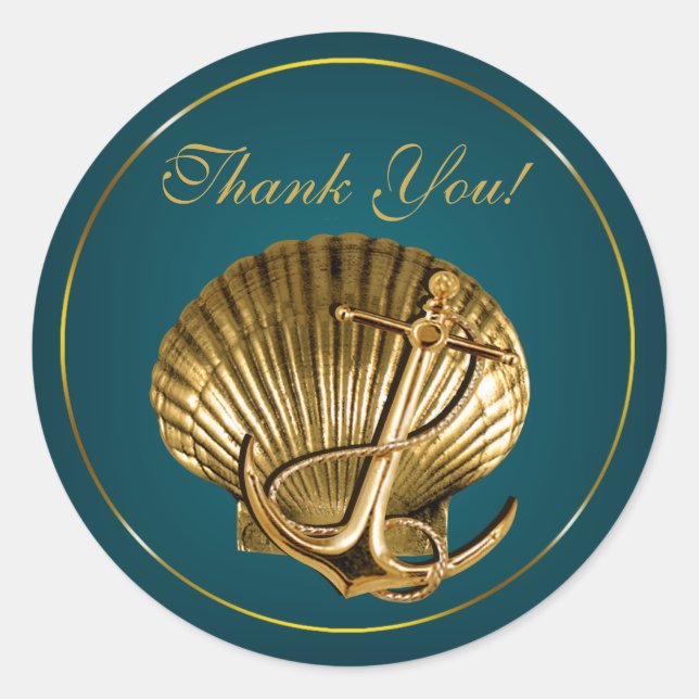 Anchored Seashell Nautical Thank You | turquoise Classic Round Sticker (Front)