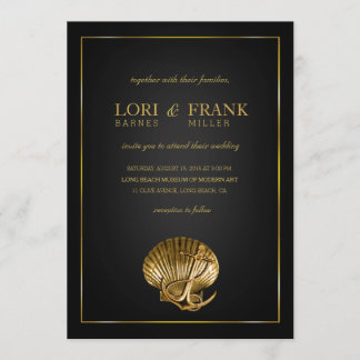 Anchored Seashell Nautical Wedding | black & gold Invitation
