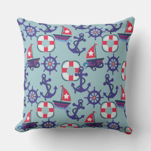 Anchors and Sailboats   Blue and Red Nautical Cushion