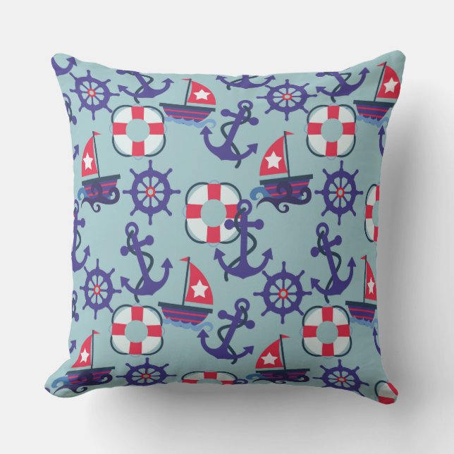 Anchors and Sailboats | Blue and Red Nautical Cushion (Front)