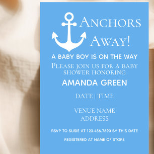 Anchors Away Baby Boy Nautical Blue Baby Shower Invitation