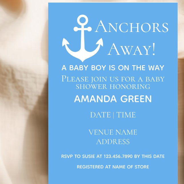 Anchors Away Baby Boy Nautical Blue Baby Shower Invitation (Creator Uploaded)
