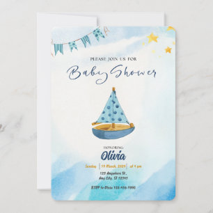 Anchors Away: Blue Watercolor Boat Baby Shower Invitation