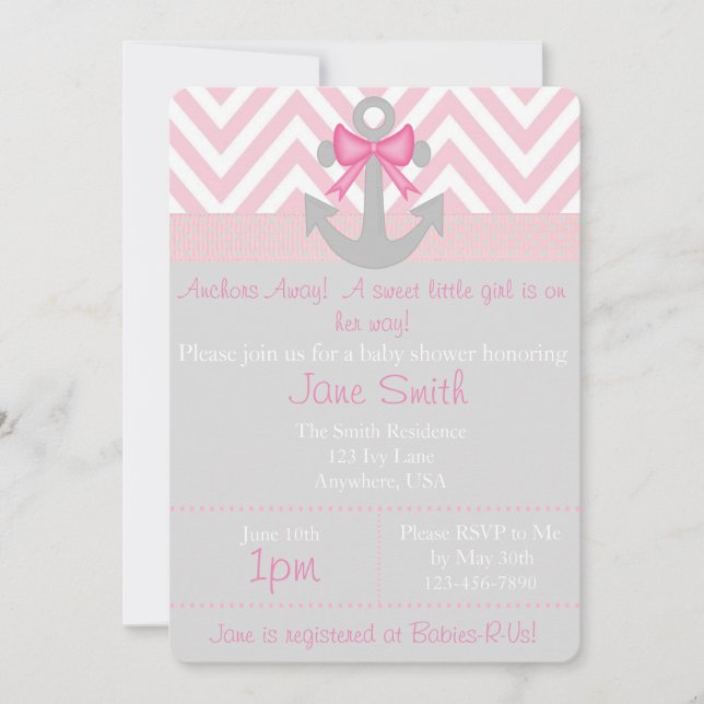 Anchors Away Girl Baby Shower Invitation (Front)