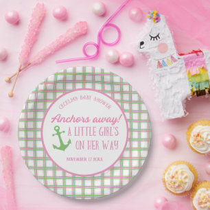 Anchors Away Girl Nautical Baby Shower Paper Plate