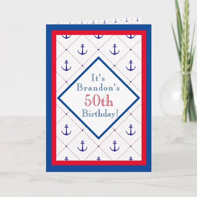 Anchors Away Red White Blue 50th Birthday Invitation (Front)